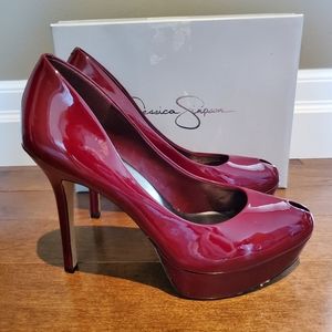 Jessica Simpson red patent leather platform pumps, size 10M